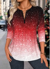 Ombre Tuck Stitch Red Long Sleeve Split Neck Blouse
