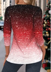 Ombre Tuck Stitch Red Long Sleeve Split Neck Blouse