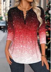 Ombre Tuck Stitch Red Long Sleeve Split Neck Blouse