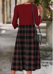 Plaid Tummy Coverage Wine Red Long Sleeve Dress