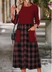 Plaid Tummy Coverage Wine Red Long Sleeve Dress