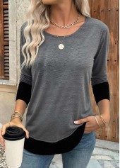 Patchwork Dark Grey Long Sleeve Round Neck T Shirt