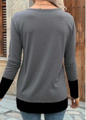 Patchwork Dark Grey Long Sleeve Round Neck T Shirt