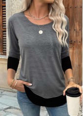 Patchwork Dark Grey Long Sleeve Round Neck T Shirt