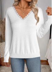 Patchwork White Long Sleeve V Neck Sweater