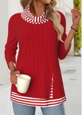 Striped Tummy Coverage Red Long Sleeve Cowl Neck Sweatshirt