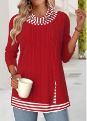 Striped Tummy Coverage Red Long Sleeve Cowl Neck Sweatshirt