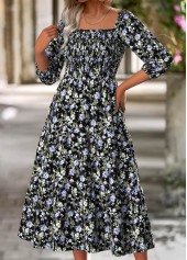 Floral Print Tummy Coverage Multi Color Long Sleeve Dress