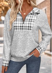 Plaid Grey Long Sleeve Turn Down Collar Sweatshirt