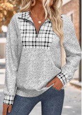 Plaid Grey Long Sleeve Turn Down Collar Sweatshirt