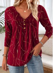 Geometric Print Tummy Coverage Wine Red T Shirt