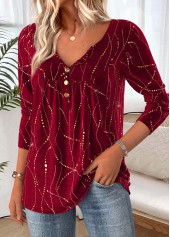 Geometric Print Tummy Coverage Wine Red T Shirt