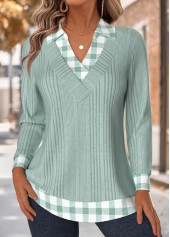 Plaid Tummy Coverage Light Green Long Sleeve T Shirt