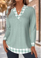 Plaid Tummy Coverage Light Green Long Sleeve T Shirt