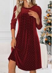 Polka Dot Tummy Coverage Wine Red Long Sleeve Dress