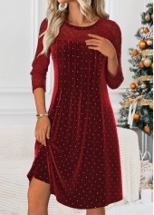 Polka Dot Tummy Coverage Wine Red Long Sleeve Dress