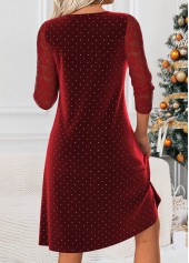 Polka Dot Tummy Coverage Wine Red Long Sleeve Dress