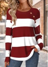 Striped Tummy Coverage Wine Red Long Sleeve T Shirt