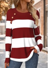 Striped Tummy Coverage Wine Red Long Sleeve T Shirt