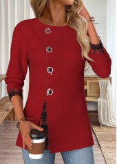 Plaid Tummy Coverage Wine Red Long Sleeve Blouse