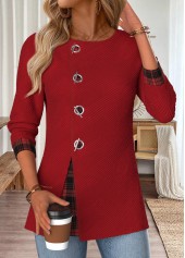 Plaid Tummy Coverage Wine Red Long Sleeve Blouse
