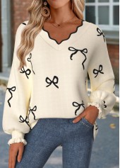 Curved Hem Beige Long Sleeve V Neck Sweatshirt