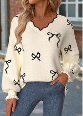 Curved Hem Beige Long Sleeve V Neck Sweatshirt