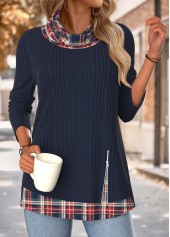 Plaid Tummy Coverage Navy Long Sleeve Cowl Neck Sweatshirt
