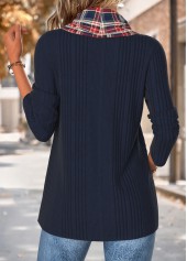 Plaid Tummy Coverage Navy Long Sleeve Cowl Neck Sweatshirt