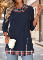 Plaid Tummy Coverage Navy Long Sleeve Cowl Neck Sweatshirt