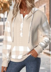 Plaid Tummy Coverage Light Camel Long Sleeve Hoodie