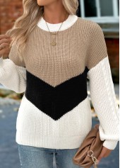 Tummy Coverage Light Camel Long Sleeve Round Neck Sweater