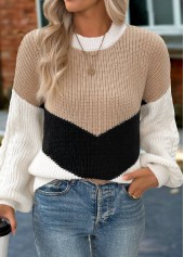 Tummy Coverage Light Camel Long Sleeve Round Neck Sweater