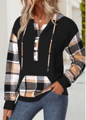 Plaid Tummy Coverage Black Long Sleeve Hoodie