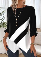 Geometric Print Tummy Coverage Black Long Sleeve Blouse