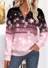 Snowflake Print Tummy Coverage Pink Long Sleeve Sweatshirt