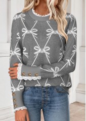Butterfly Print Curved Hem Light Grey Marl Sweatshirt