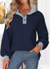 Striped Curved Hem Navy Long Sleeve Stand Collar Sweatshirt
