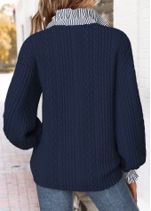Striped Curved Hem Navy Long Sleeve Stand Collar Sweatshirt