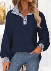 Striped Curved Hem Navy Long Sleeve Stand Collar Sweatshirt