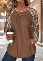 Plaid Tummy Coverage Dark Coffee Long Sleeve Sweatshirt