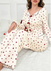 Heart Print Beige Long Sleeve Lounge Top and Pants