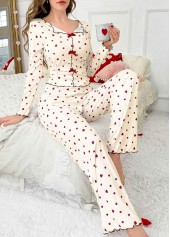 Heart Print Beige Long Sleeve Lounge Top and Pants