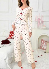 Heart Print Beige Long Sleeve Lounge Top and Pants