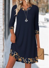 Leaf Print Tummy Coverage Navy Short Long Sleeve Dress