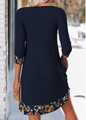 Leaf Print Tummy Coverage Navy Short Long Sleeve Dress