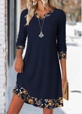 Leaf Print Tummy Coverage Navy Short Long Sleeve Dress