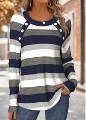 Striped Tummy Coverage Navy Long Sleeve T Shirt