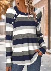 Striped Tummy Coverage Navy Long Sleeve T Shirt