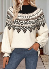 Fair Isle Print Tummy Coverage Beige Long Sleeve Sweater